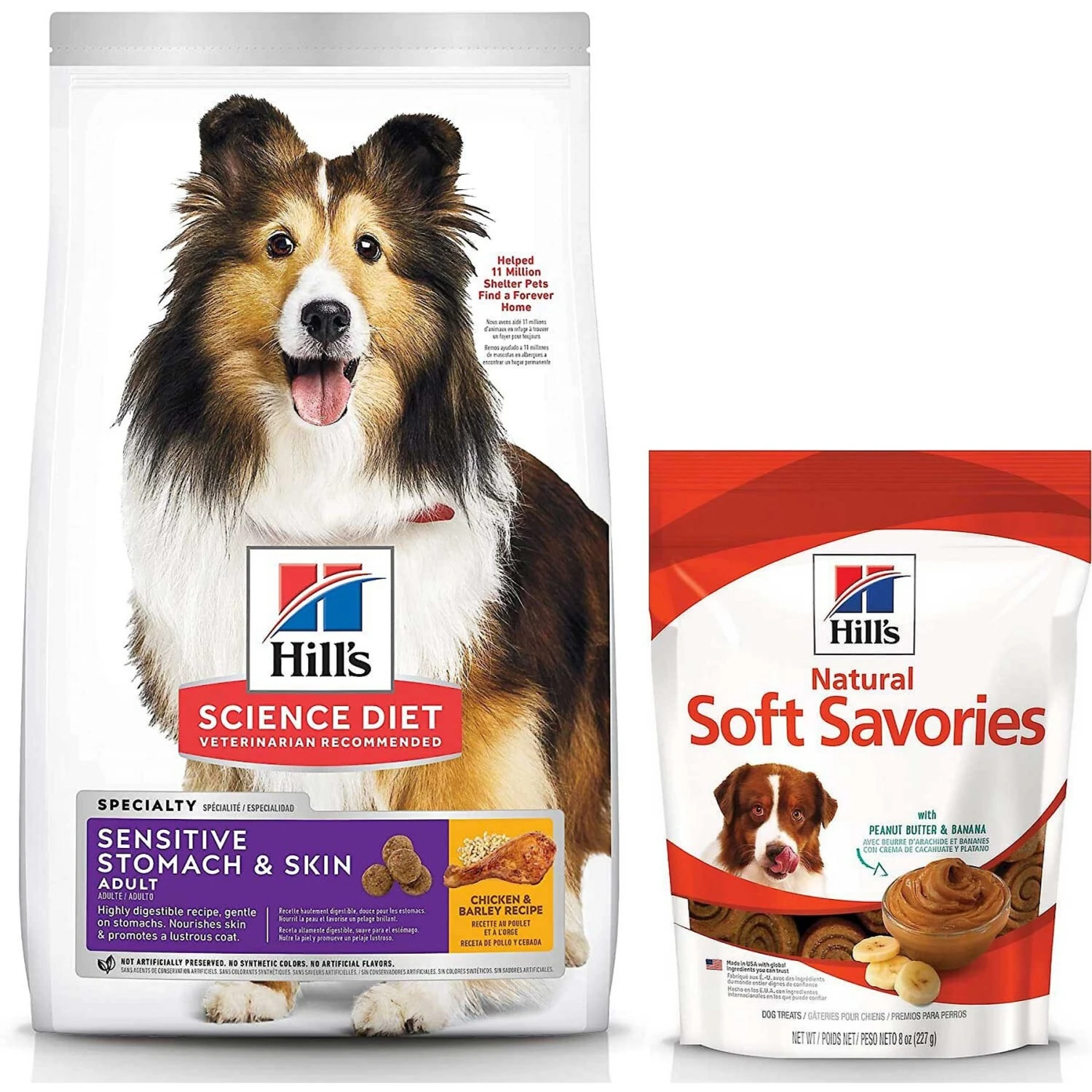 Hill's Science Diet Adult Sensitive Stomach & Sensitive Skin Chicken Recipe Dry Dog Food & Hill's Natural Soft Savories With Peanut Butter & Banana Dog Treats 3 Hill's Science Diet Adult Sensitive Stomach & Sensitive Skin Chicken Recipe Dry Dog Food & Hill's Natural Soft Savories With Peanut Butter & Banana Dog Treats
