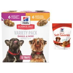 Hill's Science Diet Adult Small Paws Chicken & Vegetables & Beef & Vegetables Variety Pack Wet Dog Food Trays & Hill's Natural Soft Savories With Peanut Butter & Banana Dog Treats