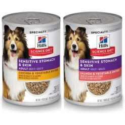 Hill's Science Diet Adult Sensitive Stomach & Skin Chicken & Vegetable Entrée Canned Dog Food & Hill's Science Diet Adult Sensitive Stomach & Skin Grain-Free Salmon & Vegetable Entree Canned Dog Food